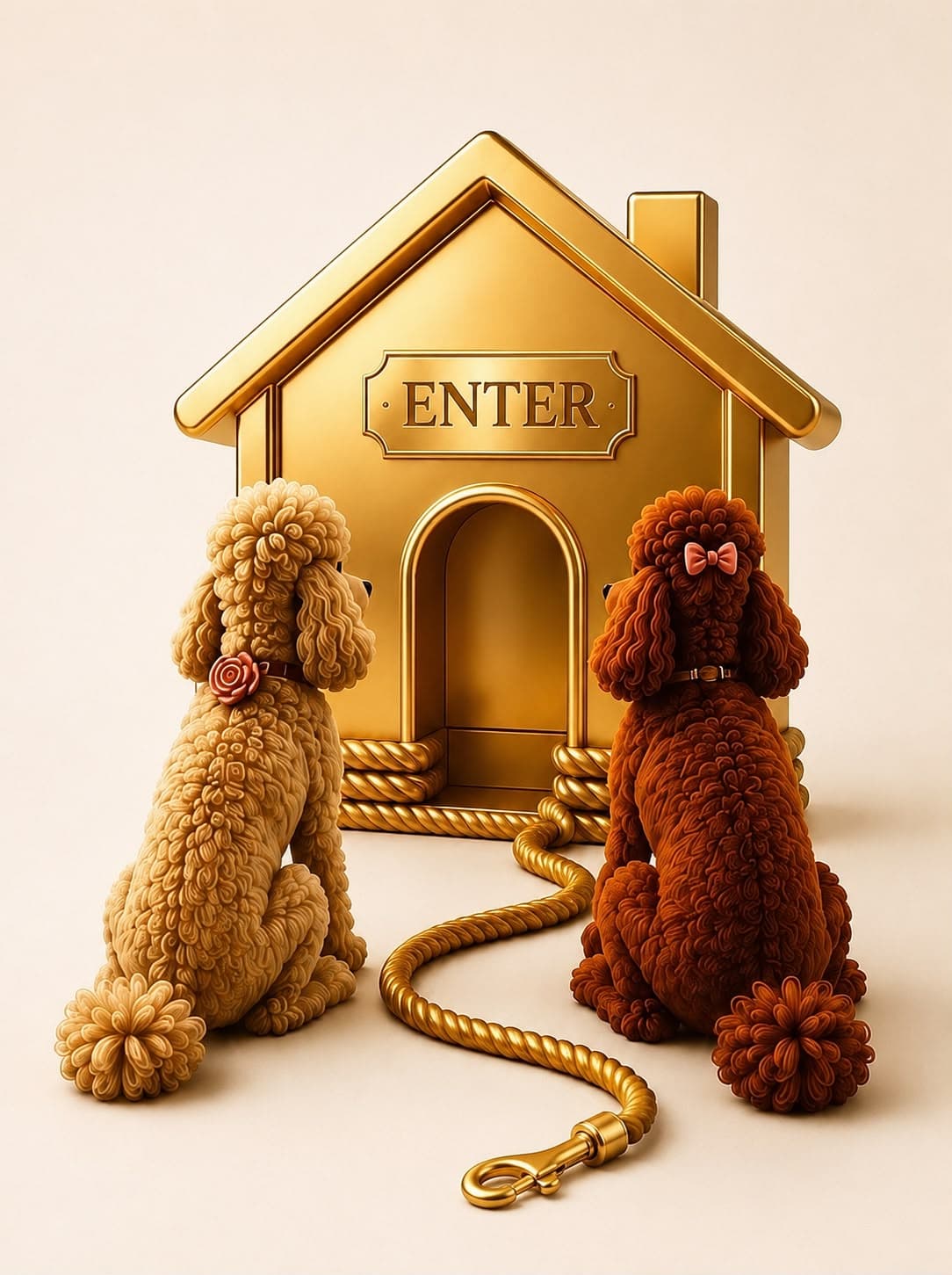 Two dogs sitting in front of a golden dog house marked Enter, with an unclipped leash